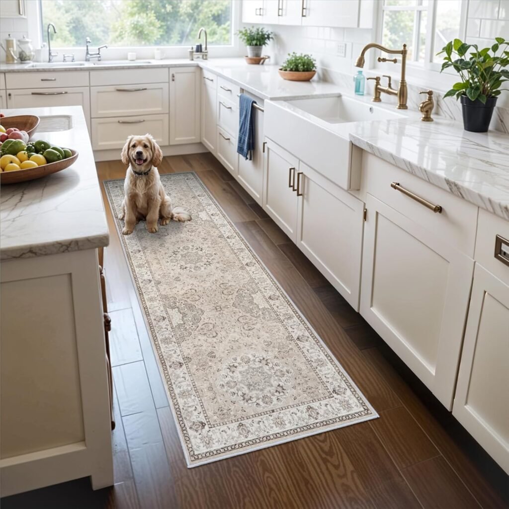 How to Choose a Rug You Love: Pick a neutral floral medallion rug that matches the tones in the kitchen, including the wood floor and soft white cabinets