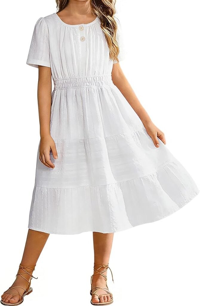 Girls simple white tiered dress with short sleeves
