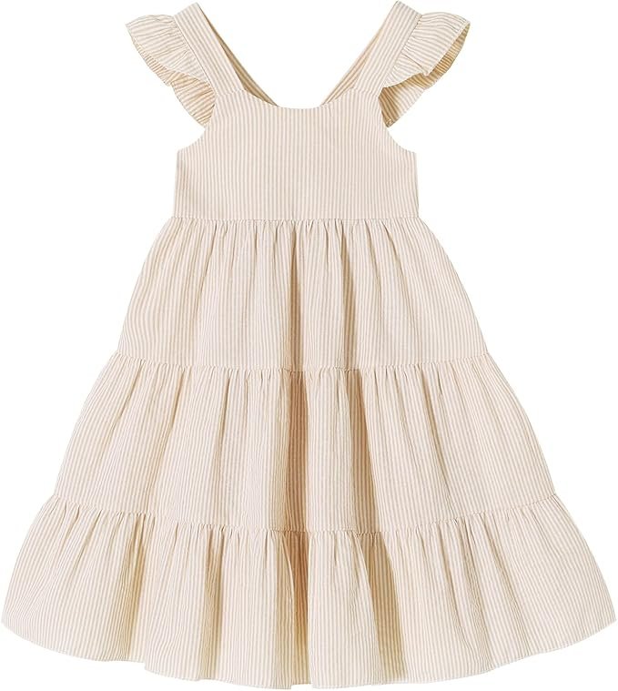 Family photo outfits idea: Toddler girl's beige and khaki striped tank dress with ruffle sleeves