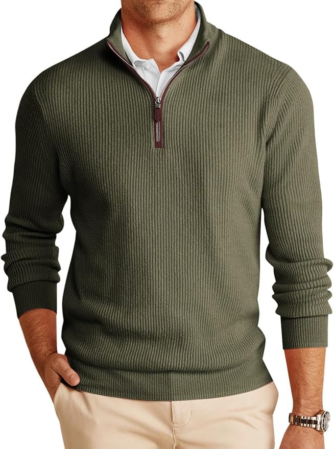 Family photo outfits idea: Men's army green quarter zip sweater