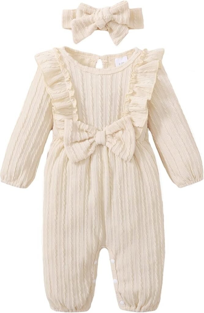 Baby girl beige onesie with ruffles and bows