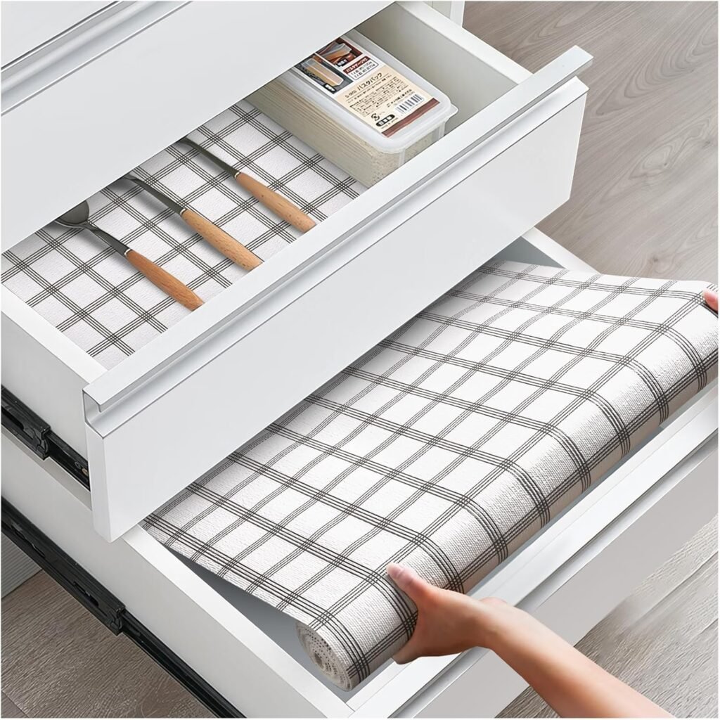How to Update Cabinets on a Budget: Use plaid shelf liner to hide dated or damaged interior cabinets