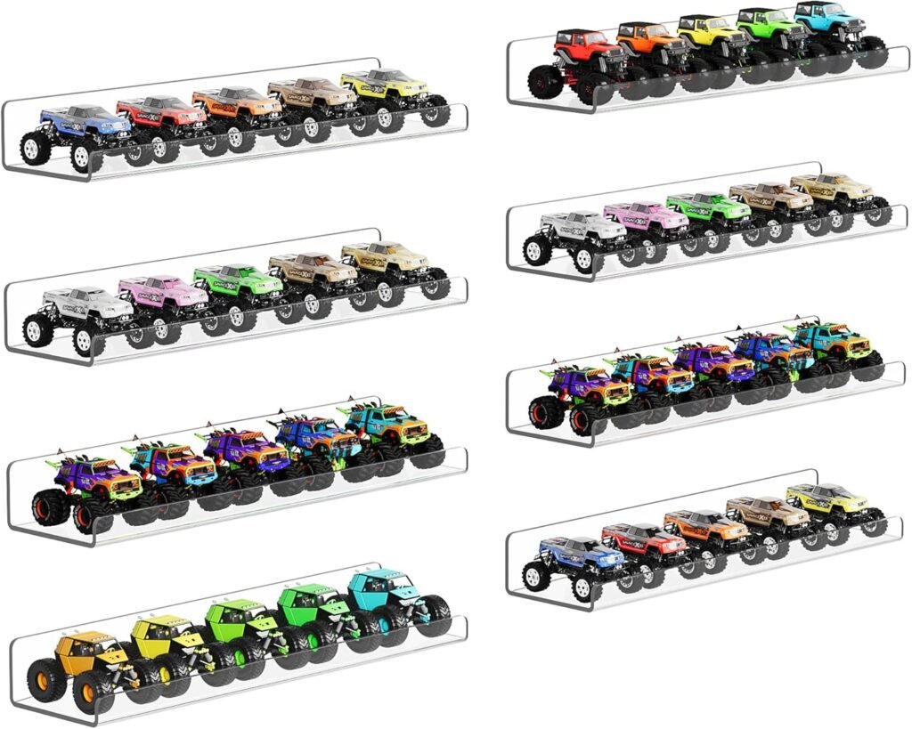 Acrylic storage shelves with toy cars on them to store games in our game room closet