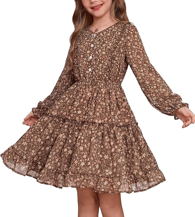 Family photo outfits idea: girls brown tiered floral dress