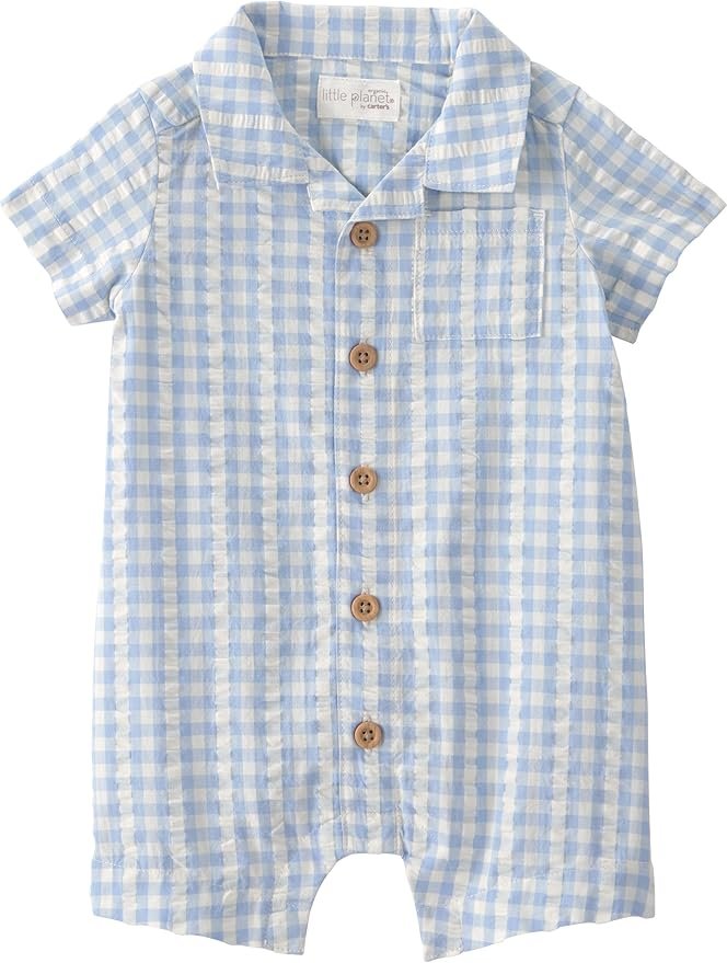 Family photo outfits idea: Baby boy's light blue and white gingham onesie with short sleeves