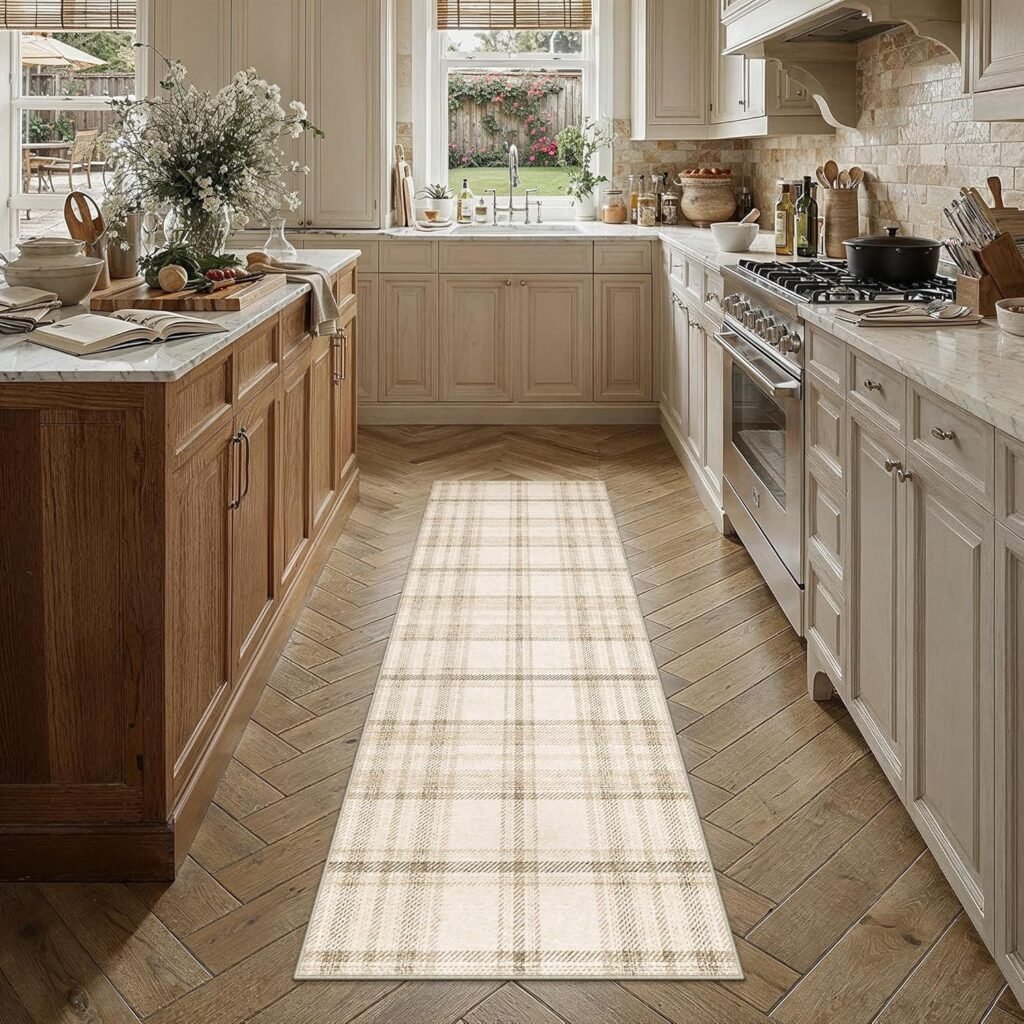 White and light brown plaid kitchen runner on wood herringbone floor