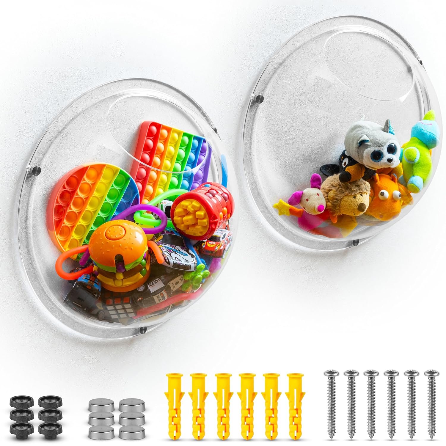 Clear circular hanging display with a top hole to store toys