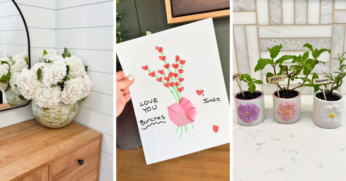 DIY Mother's Day Crafts including a decoupage vase with white hydrangeas, kid's art that says "love you bunches", and a mini herb garden on a white countertop