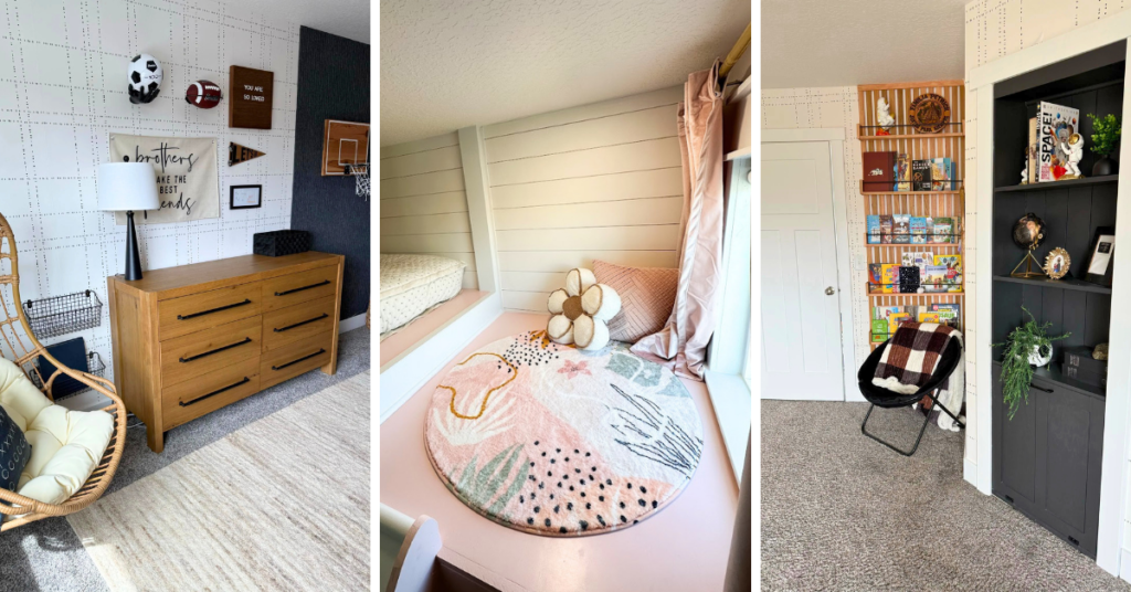 Cool Kids' Room Ideas: A hanging chair and gallery wall and cozy reading nooks