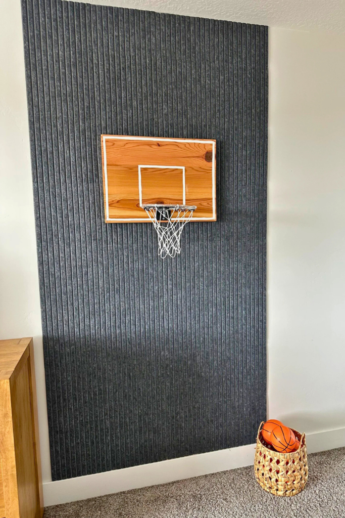 Cool Kids' Room Ideas: indoor basketball wall with gray cork wall tiles and hoop