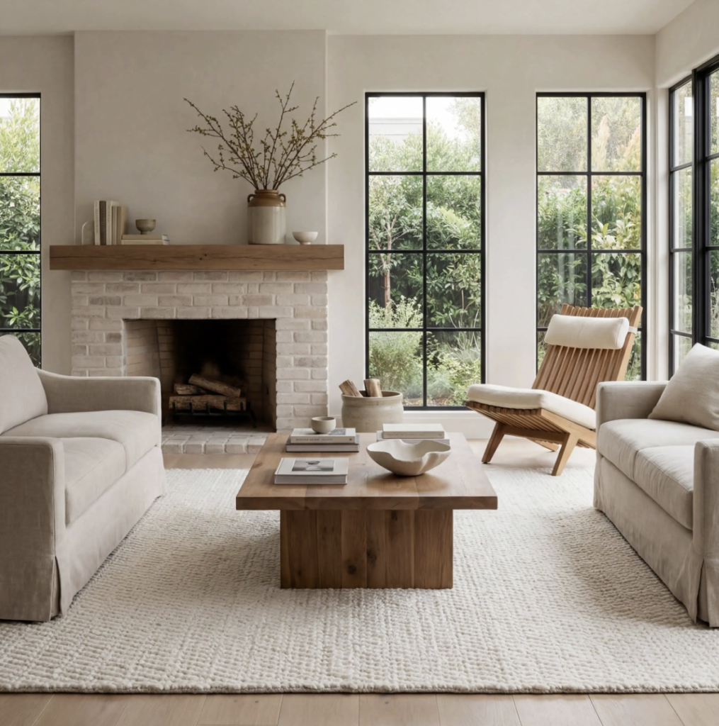 Thick-pile cream wool rug in a neutral living room with a natural stone brick fireplace in the background