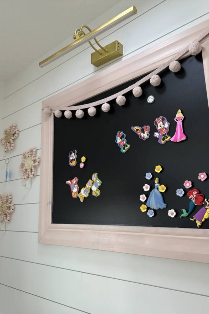 Cool Kids' Room Ideas: magnet board with light pink frame and Minnie Mouse/Daisy Duck magnets