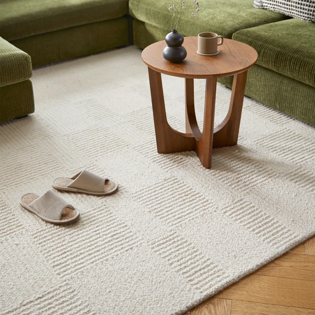 Cozy cream plush rug. House slippers on the rug and a small circular walnut side table