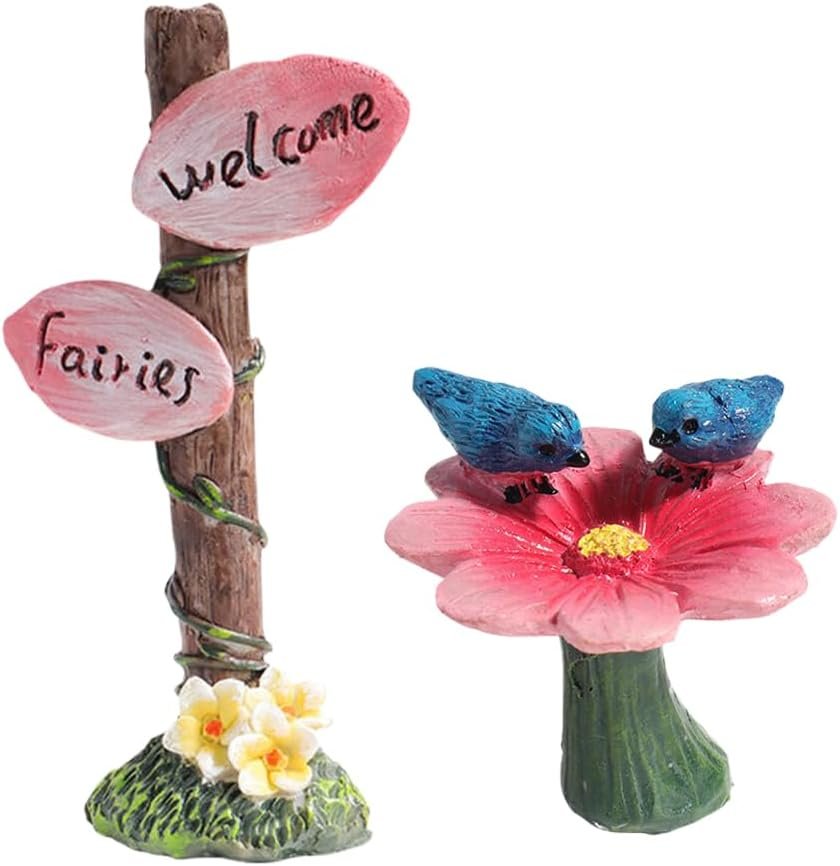 Welcome fairies sign and flower bird bath