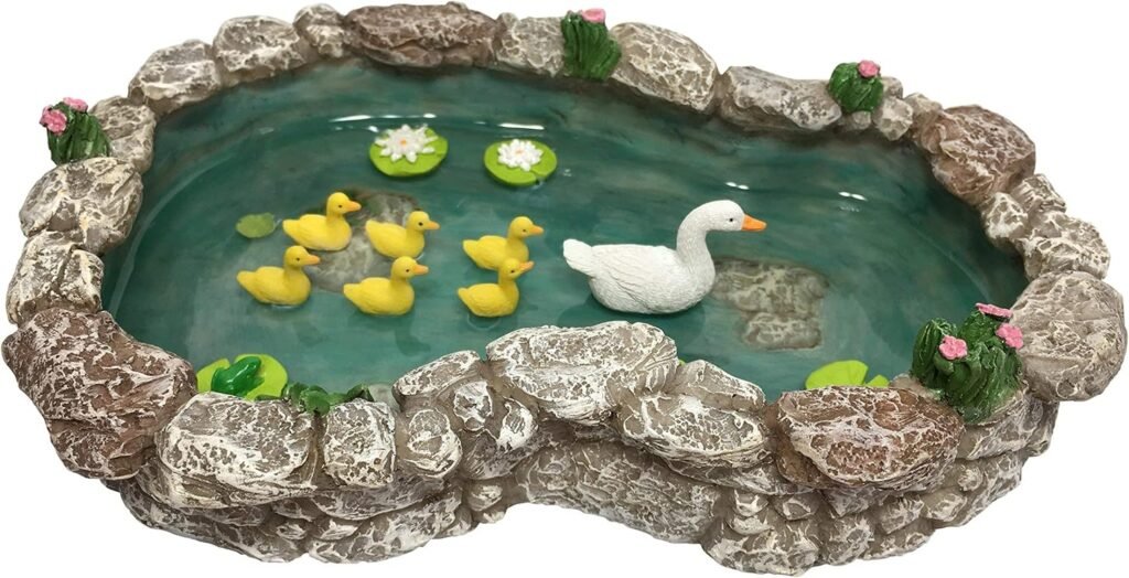 Mini stone-lined pond with ducks