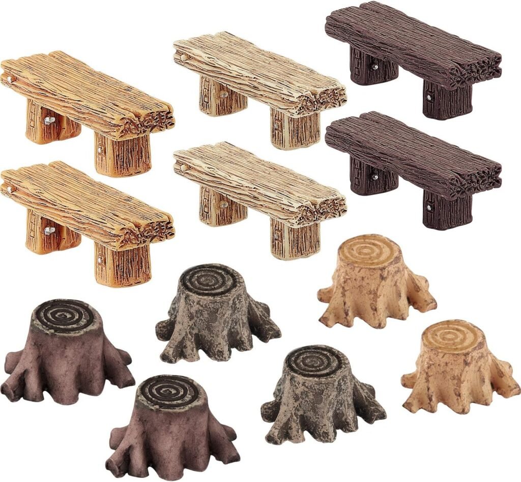 Mini faux wood benches and tree stumps