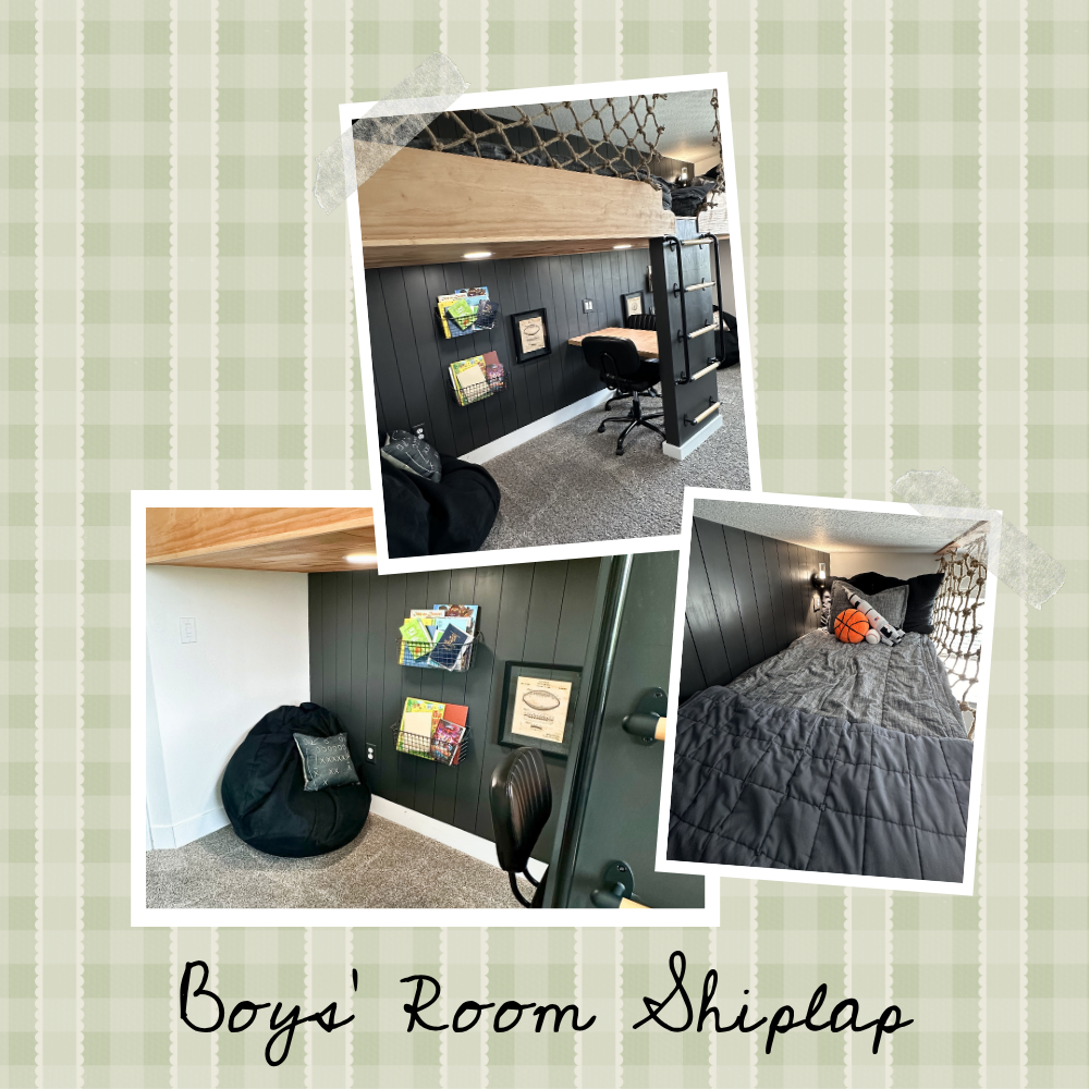 How to install shiplap example photo with black shiplap in a kids' room under a loft bed