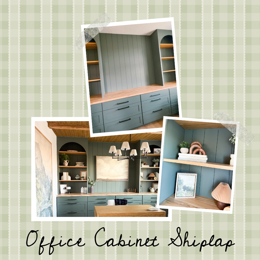 How to install shiplap example with dark green shiplap behind built-in cabinets in a home office