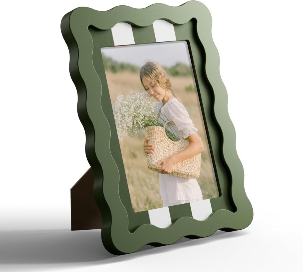 Wavy edge dark green frame with stripe background and photo of woman holding flowers