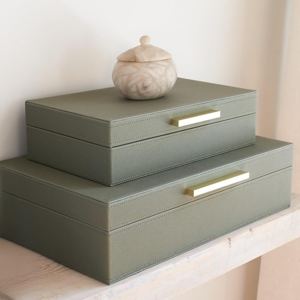 Shelf styling idea: Decorative olive green storage boxes