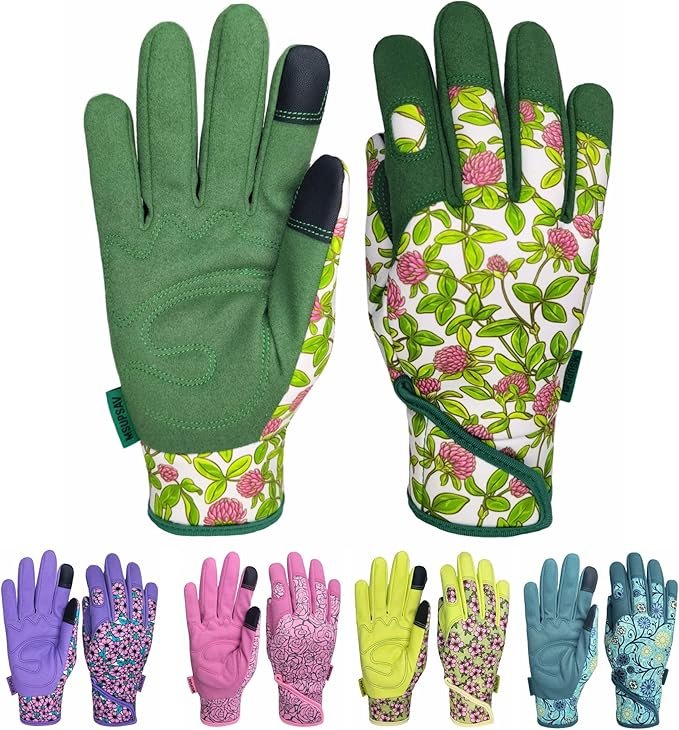 Green garden gloves with a solid color on one side and a floral pattern on the other; other color variants below