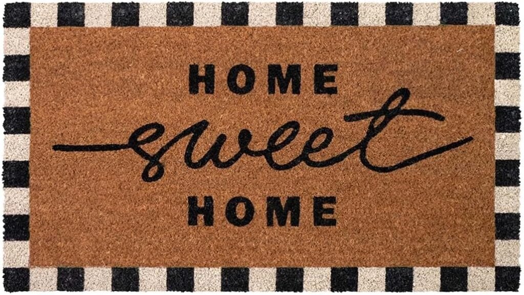 Home sweet home welcome mat with black and white border for a porch makeover