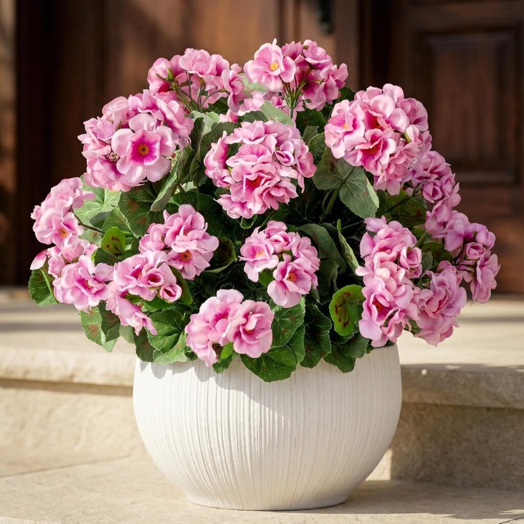 Pink geraniums in a white planter