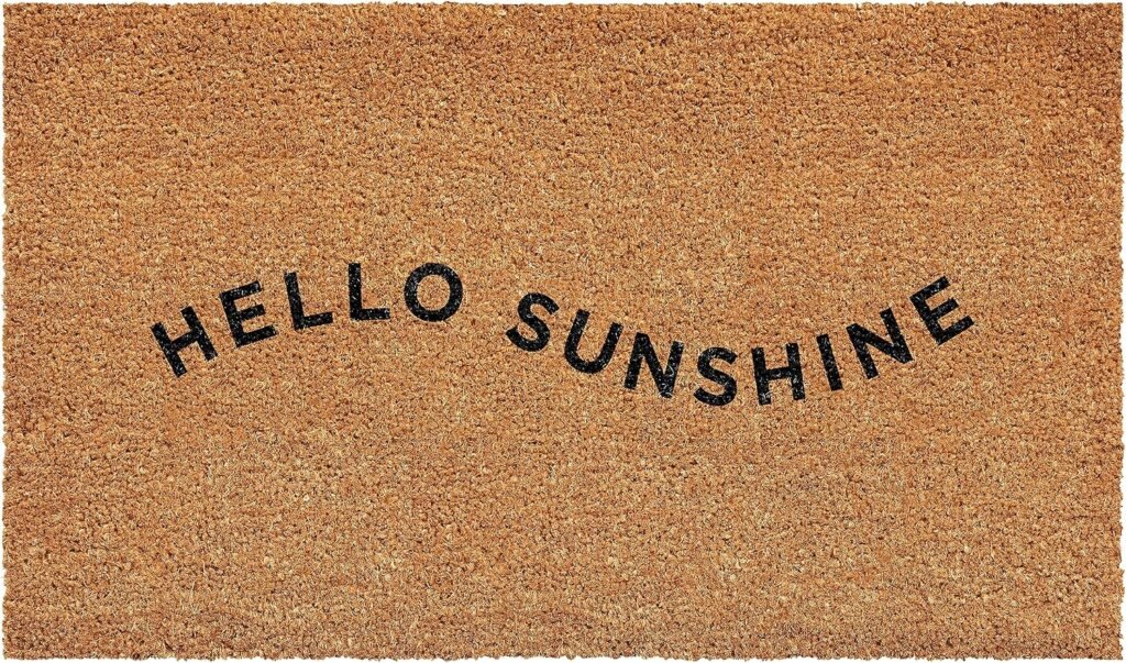 Uppercase sans serif Hello Sunshine door mat, perfect for a summer porch makeover