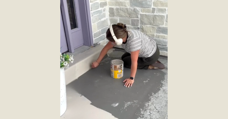Woman staining concrete porch, an example of budget-friendly curb appeal ideas