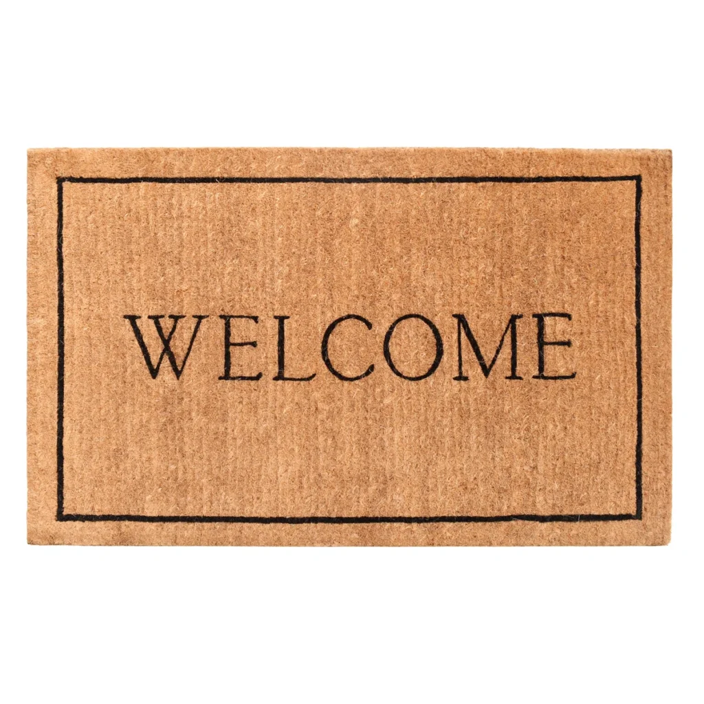 Welcome mat in thin serif uppercase font