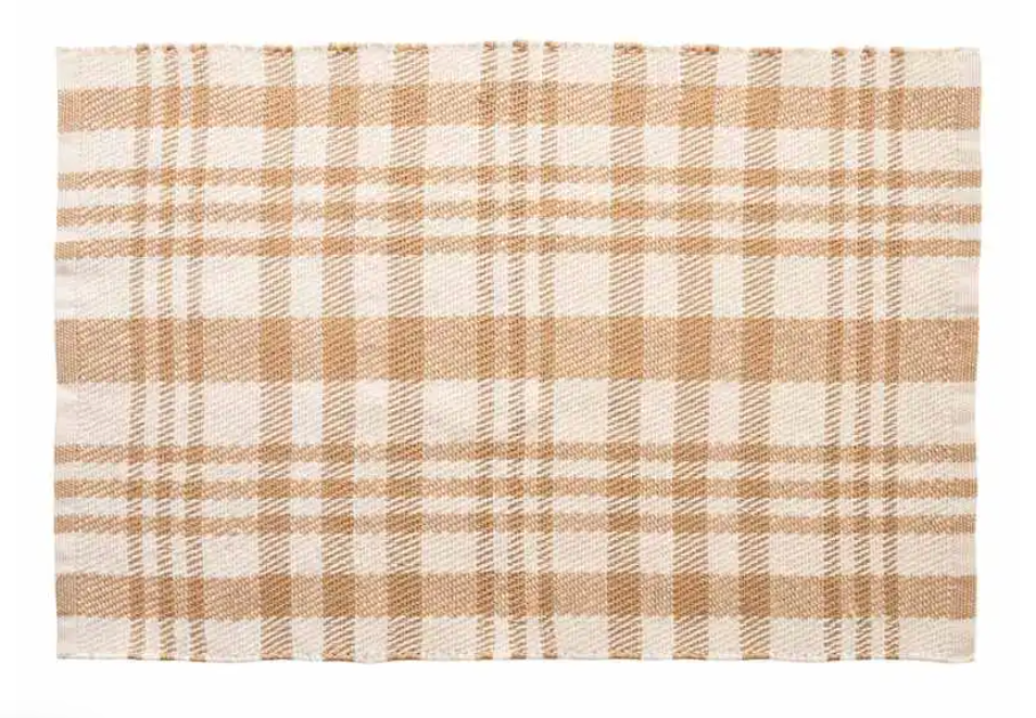 Tan and cream plaid door mat works for a porch makeover in any season