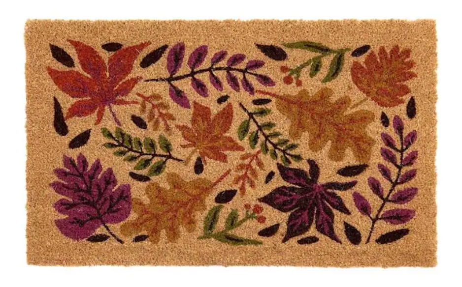 Red, yellow, green, and orange leaf pattern on coir doormat