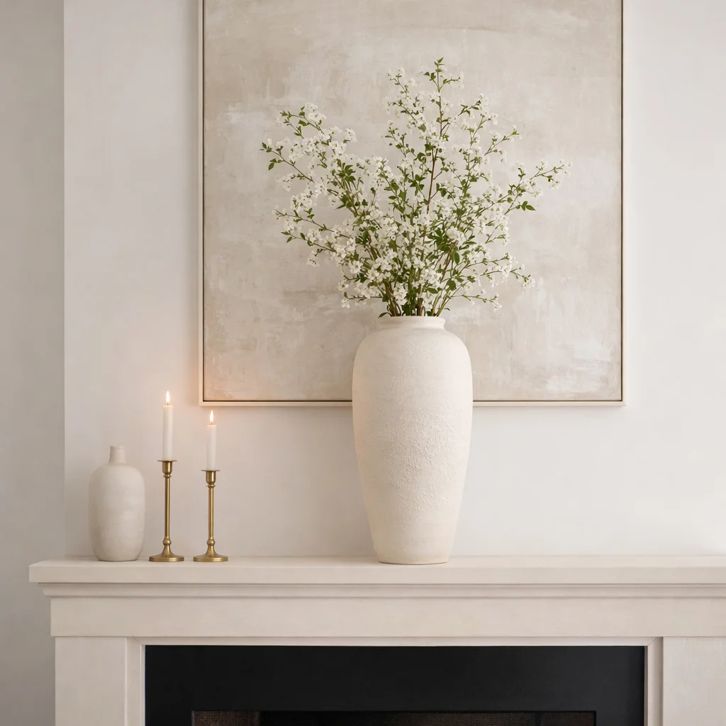 How to style a mantel for every season: anchor with a tall white vase and greenery