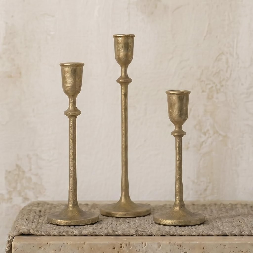 How to style a mantel for every season: use antique brass taper candleholders