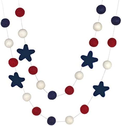 red white and blue pom and star garland for the 4th of July