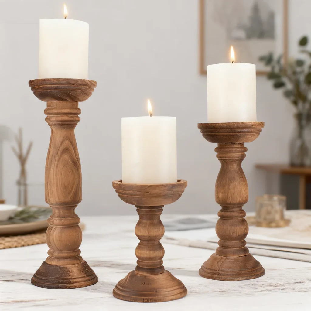 Wooden pillar candle holders in varying heights for mantel decor