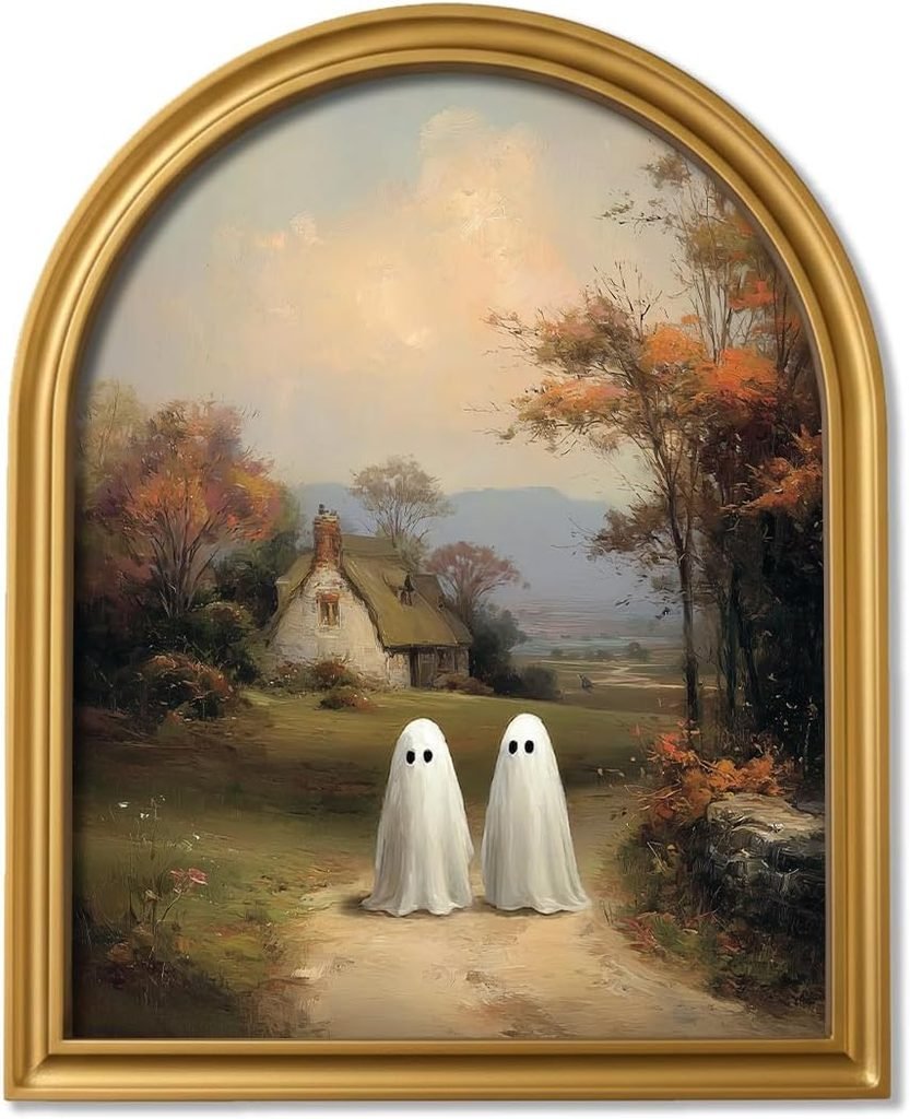 Vintage Halloween ghost art print in an arched gold frame