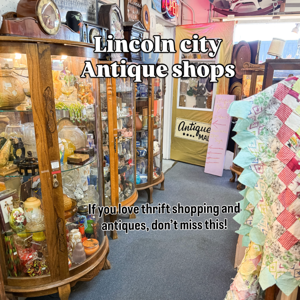 Inside one of Lincoln City's many antique shops full of glass cases of antiques and quilts