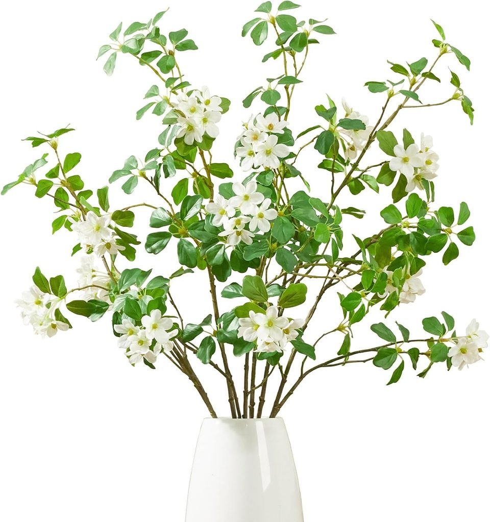 Faux white flowering greenery stems