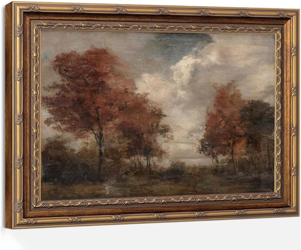 Vintage autumn landscape art print in an ornate gold frame