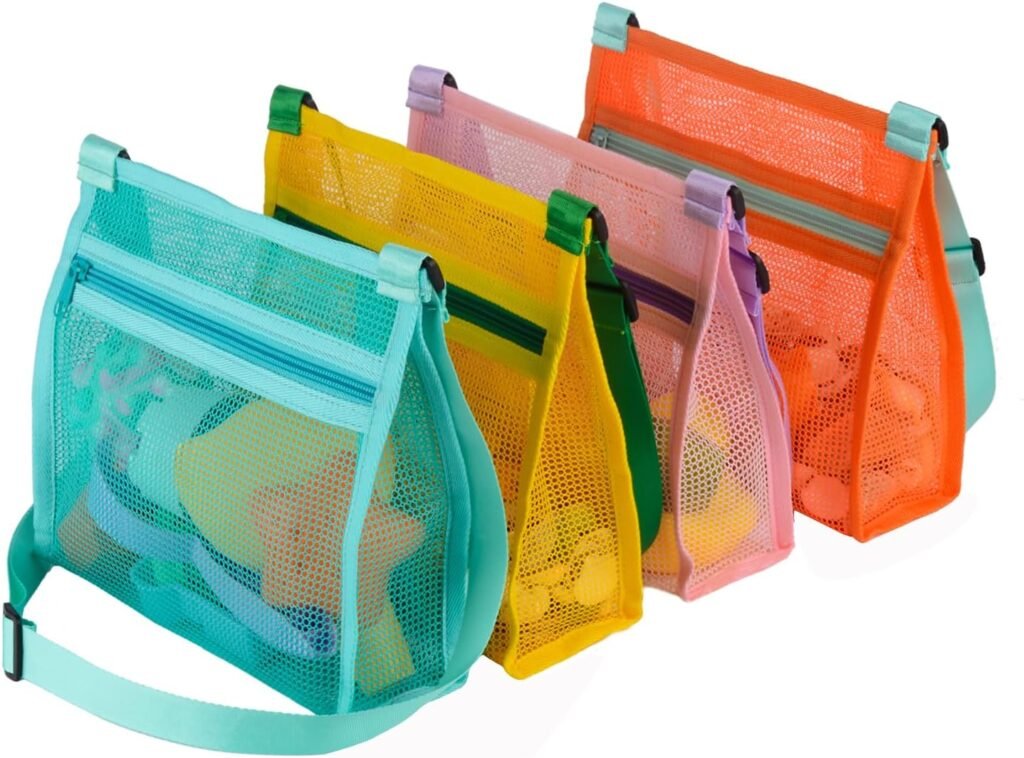 Blue, yellow, pink, and orange mesh crossbody bags for beach toys and shell collecting