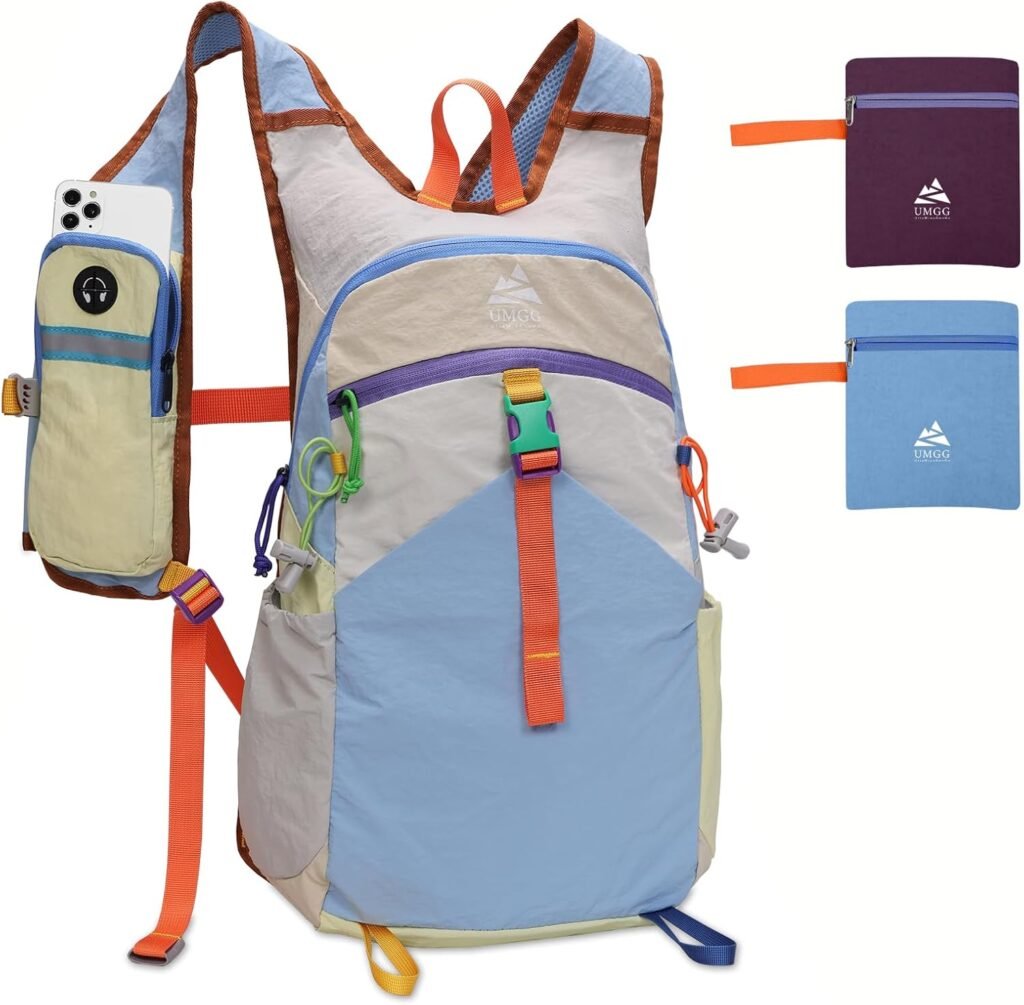 Gray, blue, and orange color block backpack
