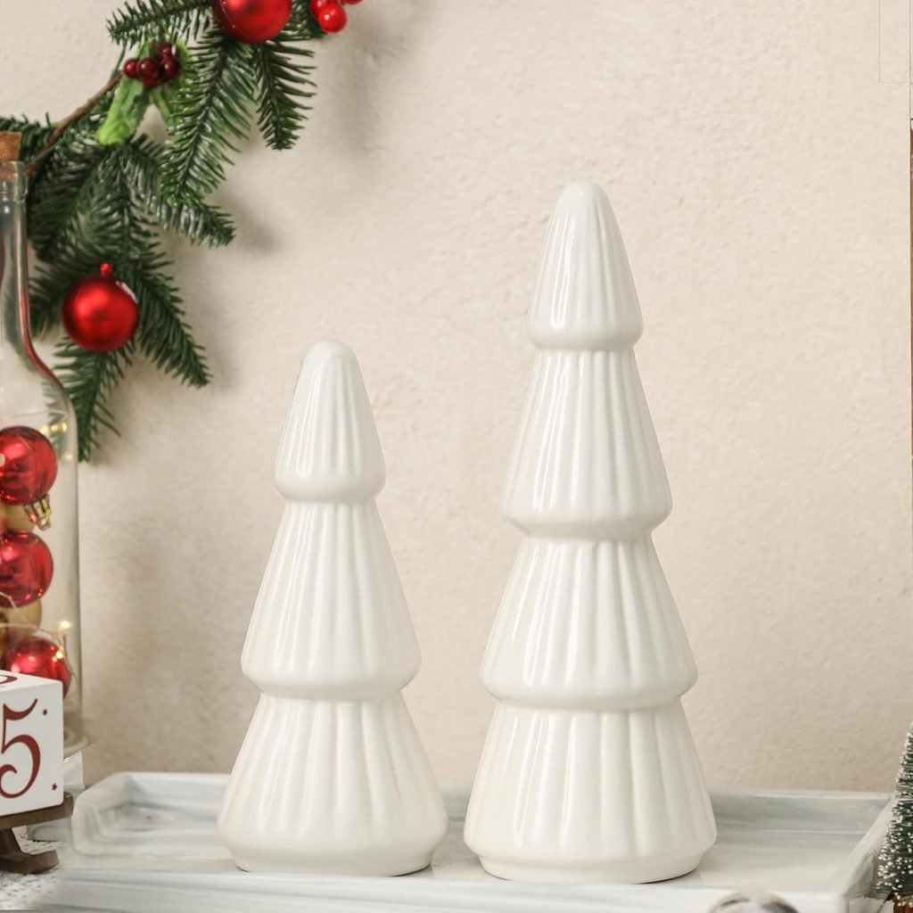 White ceramic Christmas trees in varying heights
