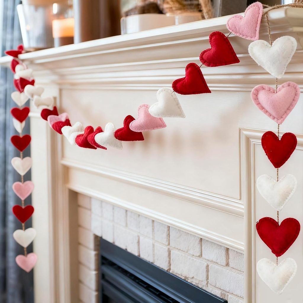 How to style a mantel for every season: Heart felt garland draped on a fireplace mantel