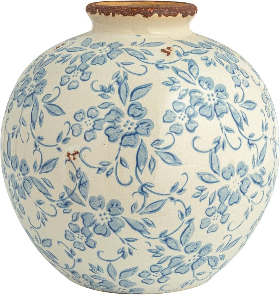 Blue and white floral ceramic vase for Easter mantel decor
