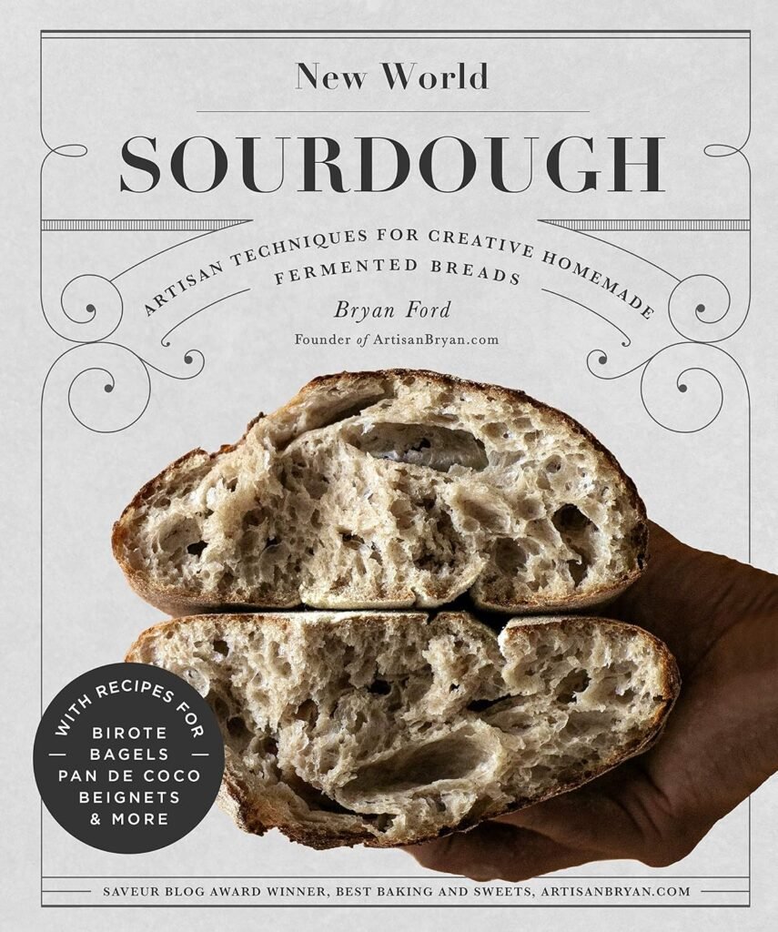 New World Sourdough book with two open halves of a slice of sourdough bread