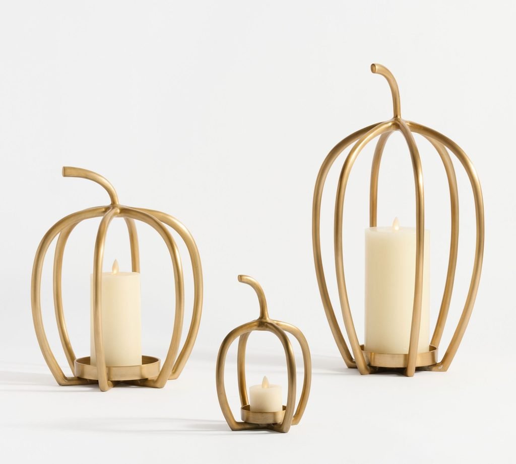 Gold wire pumpkin candle holders for fall mantel decor