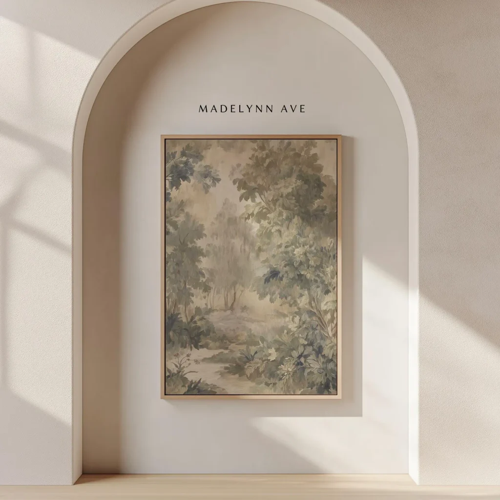 Vintage landscape art print in a gold frame for mantel decor