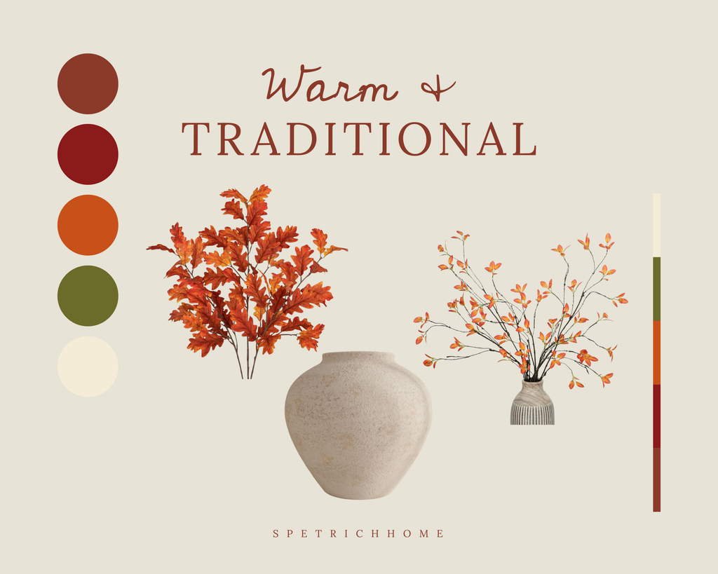 An orange, red, green, and cream color palette for a faux fall floral arrangement along with orange leaf stems and a cream vase