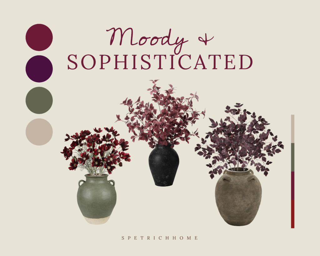 A burgundy, purple, and dusty green color palette for a faux fall floral arrangement along with stems in those colors